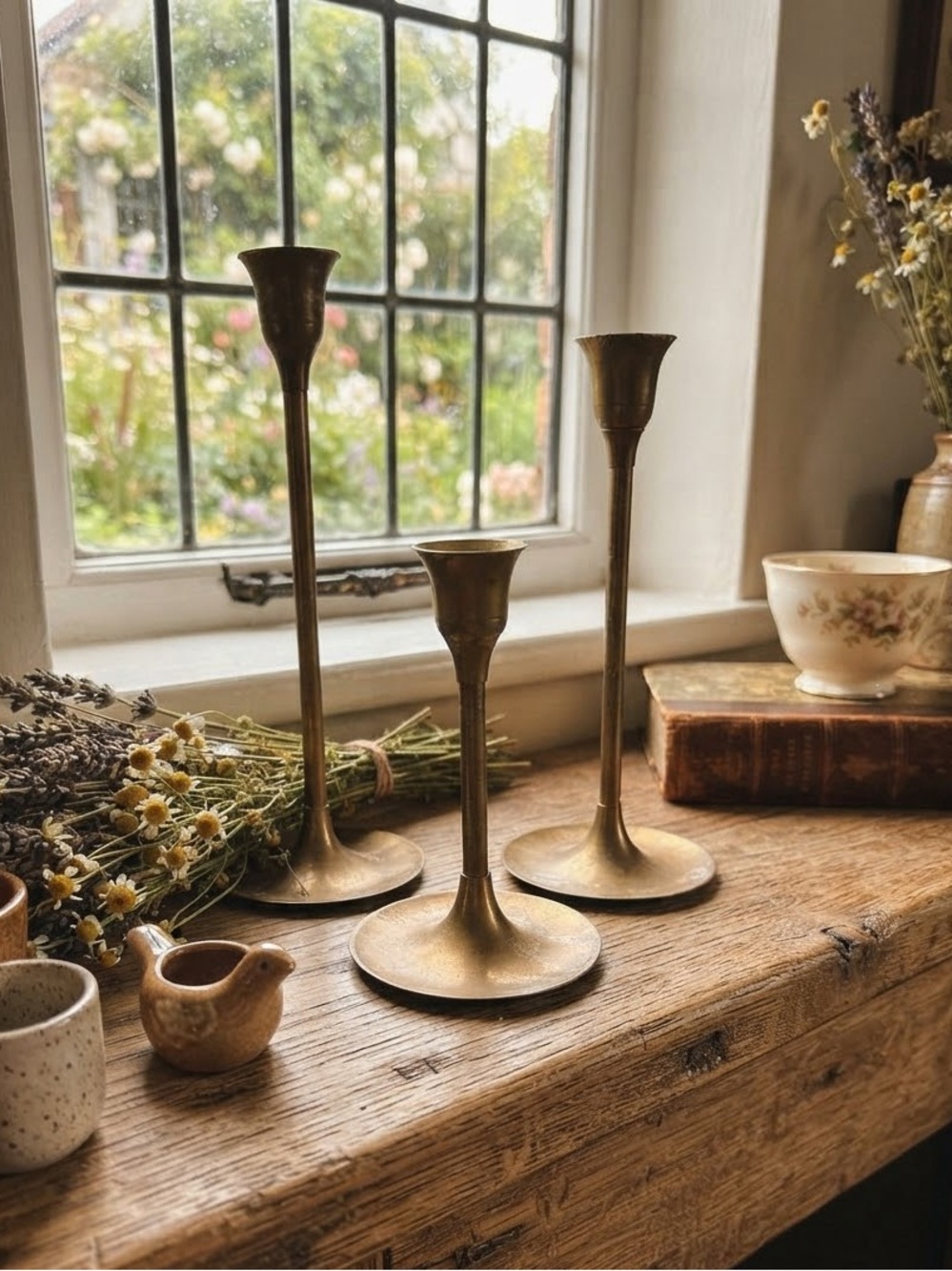 Brass Vintage-Style Taper Candle Holders - Set of 3